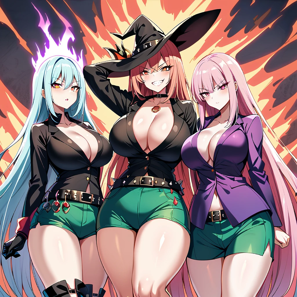 Anime, high detailed, witch girls, multiple girls, witch hat, extremely long hair, pink eyes, red sclera, colored sclera, large breasts, jacket, cleavage, exposed abdomen, claw-gloves, spiked belt, Angry eyes, short shorts, green shorts , spiked boots, evil grin, flaming aura, pink aura, curvy body, girls surrounding