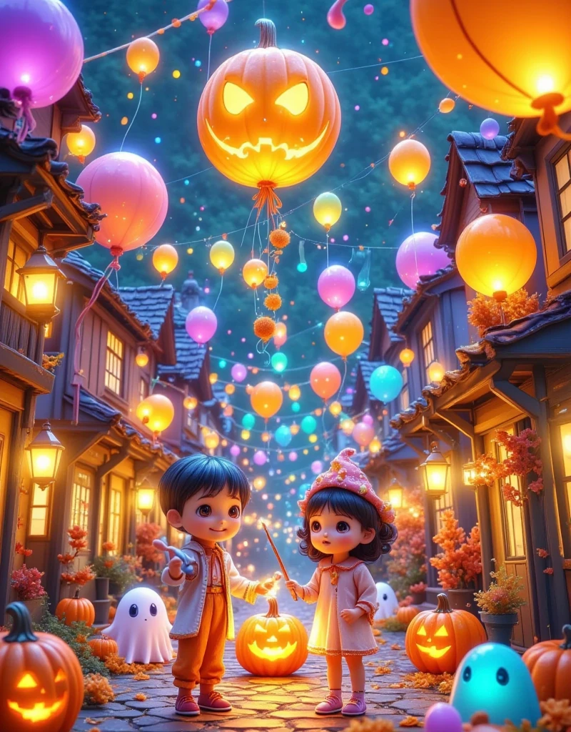 [Vision:1.0]，[Wide Angle:1.0]， A fun town ， Decorate with colorful lanterns and balloons ，One and one in magic suits，Wand in hand， play games with cute ghosts ， such as “Trick or Treat If You Don't Give Me Sugar” and “Ghost Bowling” The center is a huge pumpkin，Fantasy atmosphere，Dreamy emotions，3d, C4D Rendering，Bright colors，Bright，RGB, Colorful，((Dopamineism))，(((Dopamine color matching)))，Facing the screen，Dopamine color，High Saturation， High Contrast ， High Definition ，8k，Ultra-high detail，(in the style of Y2K)，Luo Erchun，Three-dimensional ancient style，Oriental Poetry and Painting，Blind box design ，Pop Mart, 1wsjly1