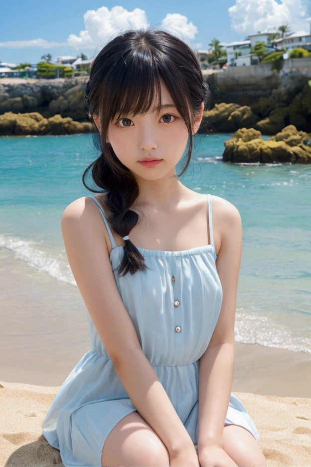 8K、sea the background of、Neat and clean schoolgirl, petite person, See-through clothes, (slim, Small, Flat, Small), Black hair twintails, Photorealistic, detail, (Detailed skin texture:1.15), Ultra Detail, Wear black sandals, delicate sexy collarbone, Smile, Super Detailed Face, Detailed lips, Detailed eyes, 10years old girl、Delicate eyebrows、Little baby face、Professional Photography、watching at viewers、South Island Sea