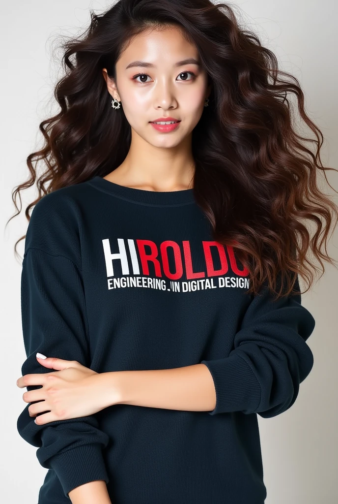 Create the image of a beautiful woman with Asian and Latin features, with spectacular curly hair. The image must be full-body and show her wearing a sweater with the slogan “HIROLDO Engineering in Digital Design” printed on the chest.