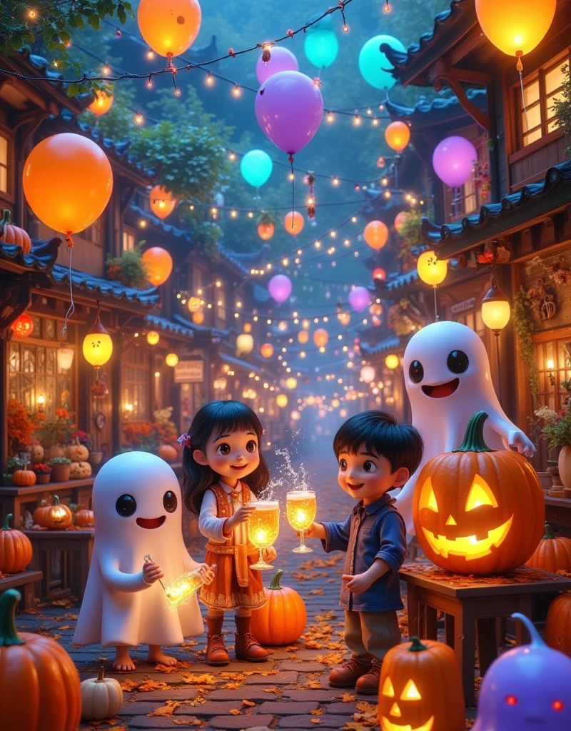 In a vibrant Hong Kong bar, a group of mischievous ghosts and a Hong Kong man gather to raise their glasses in a toast. The atmosphere is electric with Halloween revelry, as they savor the crisp taste of Asahi Japanese beer. The Pixar-inspired scene bursts with Ultra-detailed masterpieces: candles flicker, lanterns glow, and jack-o'-lantern smiles playfully amidst cobweb-covered decorations. Spirits mingle, laughing and chatting as the bartender expertly crafts a bewitching brew. Display Aaahi beer prominently，Blind box design ，Pop Mart, 1wsjly1