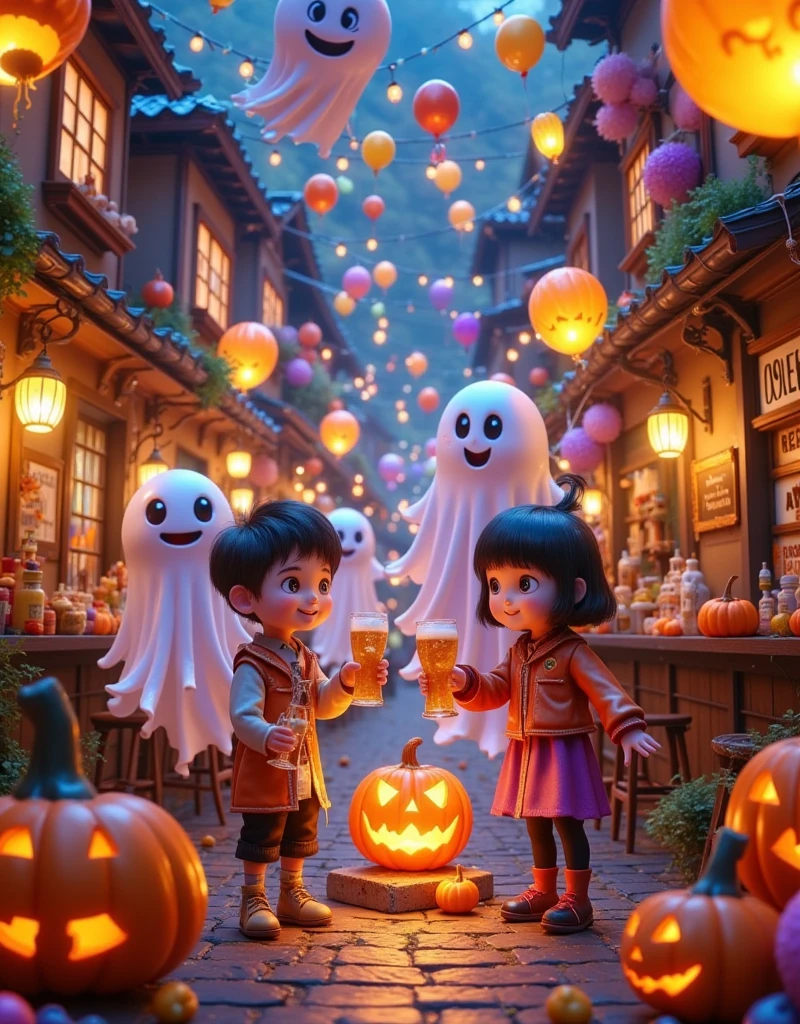 In a vibrant Hong Kong bar, a group of mischievous ghosts and a Hong Kong man gather to raise their glasses in a toast. The atmosphere is electric with Halloween revelry, as they savor the crisp taste of Asahi Japanese beer. The Pixar-inspired scene bursts with Ultra-detailed masterpieces: candles flicker, lanterns glow, and jack-o'-lantern smiles playfully amidst cobweb-covered decorations. Spirits mingle, laughing and chatting as the bartender expertly crafts a bewitching brew. Display Aaahi beer prominently，Blind box design ，Pop Mart, 1wsjly1