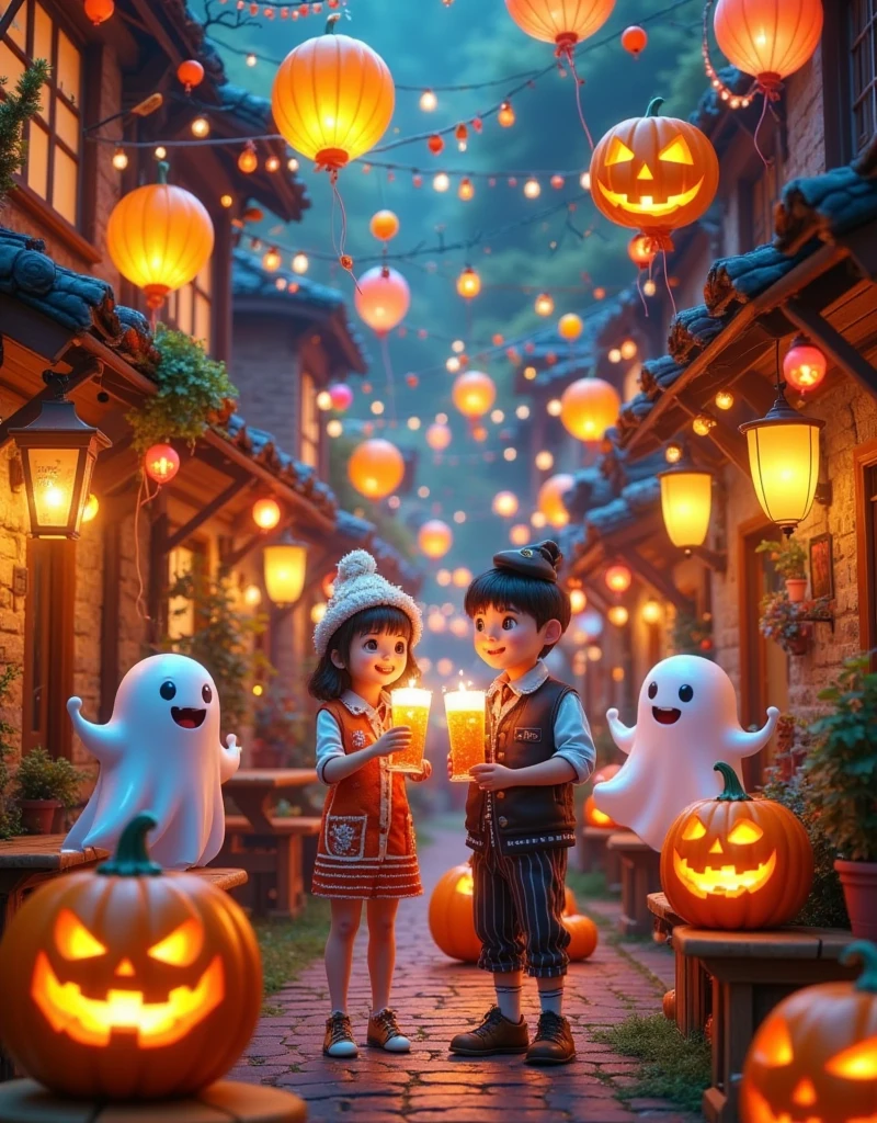 In a vibrant Hong Kong bar, a group of mischievous ghosts and a Hong Kong man gather to raise their glasses in a toast. The atmosphere is electric with Halloween revelry, as they savor the crisp taste of Asahi Japanese beer. The Pixar-inspired scene bursts with Ultra-detailed masterpieces: candles flicker, lanterns glow, and jack-o'-lantern smiles playfully amidst cobweb-covered decorations. Spirits mingle, laughing and chatting as the bartender expertly crafts a bewitching brew. Display Aaahi beer prominently，Blind box design ，Pop Mart, 1wsjly1