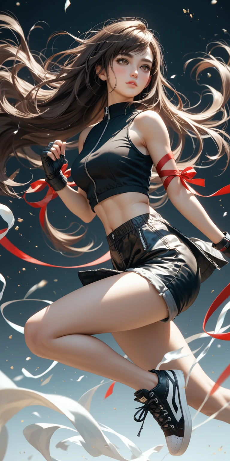 (masterpiece,Highest quality,Ultra-high resolution),(((A very beautiful girl))), age 25, acTifa, brown eyes, dark brown long hair, black shirt, black tank top, zipper, black skirt, midriff, black shorts, black gloves, red arm ribbon, black sneakers, dynamic pose, sexy pose, blush, hair blowing in the wind, black background, 