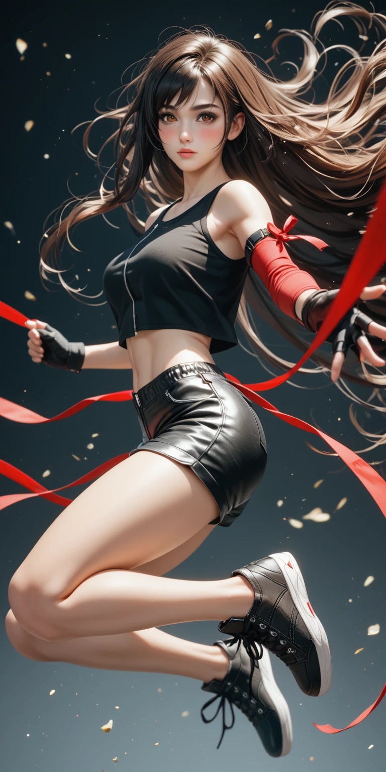 (masterpiece,Highest quality,Ultra-high resolution),(((A very beautiful girl))), age 25, acTifa, brown eyes, dark brown long hair, black shirt, black tank top, zipper, black skirt, midriff, black shorts, black gloves, red arm ribbon, black sneakers, dynamic pose, sexy pose, blush, hair blowing in the wind, black background, 