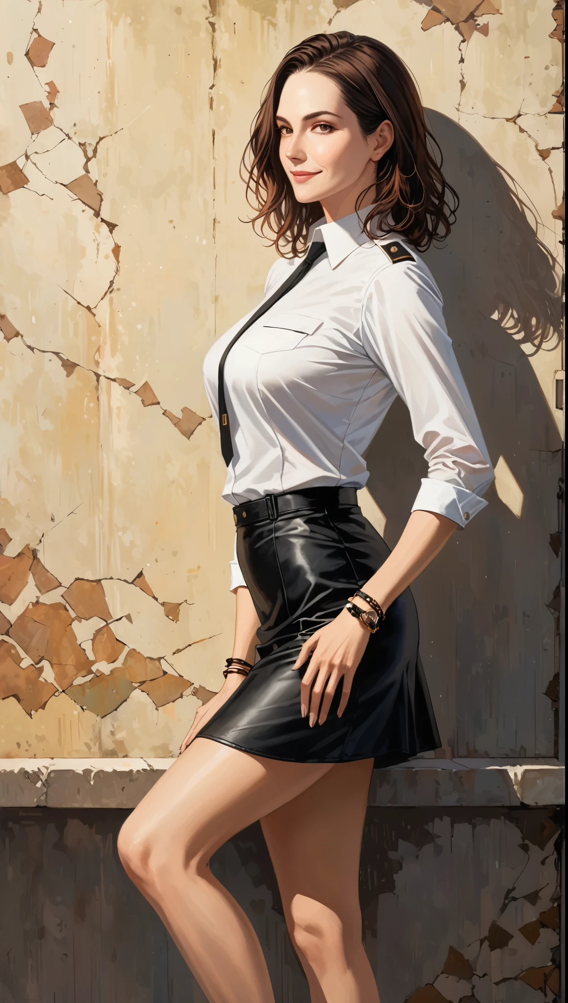(Olivia Dunn) Hyper realistic super detailed sexy 40-year-old full-length woman (with large breasts), cup size E, trending on cgstation, (in police uniform, Button Up Shirt, shirt with collar, white  shirt, black pencil skirt, Police cap, taut clothes, frank, fits the body, fits the chest), a confident girl, The photo was taken from the front, from the top corner, facing the photographer, Foreground photo , (Looking Ahead), NSFW, (frontal view, facing the photographer, (the pose, standingn, A street in London)), ( Coiling hair),  Very detailed, sexy facial expressions, seductive facial expressions, [:(face detail: 1.4): 0.4], 16K resolution, 4k resolution, dinamic lighting, high-definition resolution, (sexy pose, seductive position), (elongated chest,: 1.7), (slimness: 1.2), (Narrow waist: 1.6), (Slim legs: 1.4), (hyper realisitc: 1.4), (back light: 1.2), (Sunlight: 1), (full height: 1.8), (pectoral muscles: 1.3), (contrasting background: 1.5), (Hyper-Realistic Arm Anatomy), (Hyper-Realistic Leg Anatomy), (Clean skin), (Veins Not Visible: 1.5), (Cinematic lighting: 1.7), (Intimate), (NVIDIA RTX Ray Tracing Technology), (Hyper-Realistic Arm Anatomy: 2), (Perfect flat stomach), (Color Image), 8mm Film Grain, Shot on Sony A9 II, 85 mm lens, f/1.8 Aperture, Deep Focus (10-bit RAW), The file weighs a lot, (CGI Art:1.3)