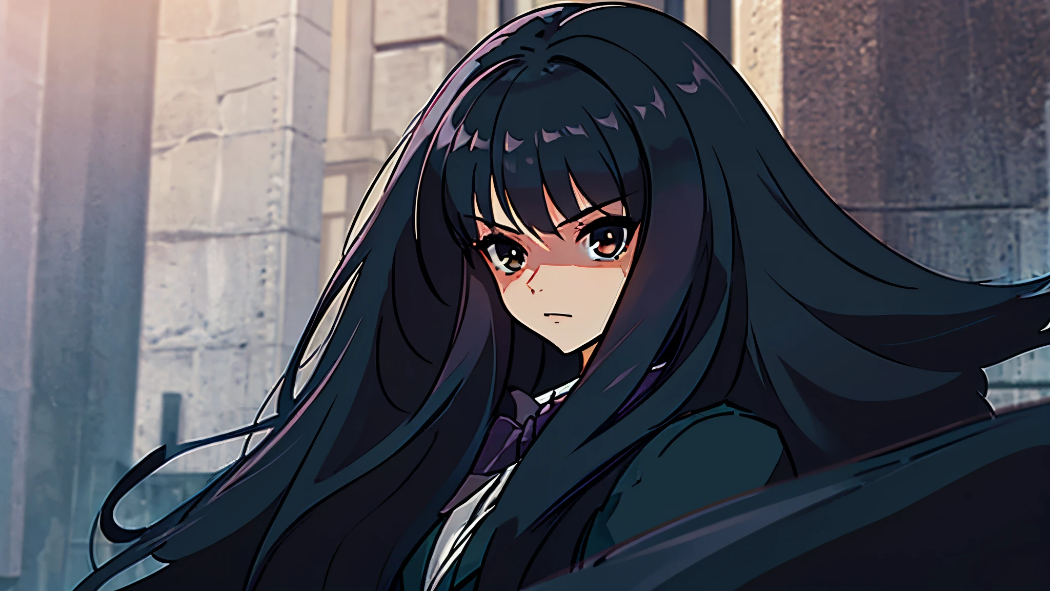 a beautiful girl with gorgeous long black hair and black eyes, wearing a winter school uniform with a brown blazer and ribbon, staring at the viewer with a stern expression on a moonlit night, highly detailed, hyper realistic, 8k, photorealistic, masterpiece, intricate details, cinematic lighting, dramatic atmosphere, intense gaze, flowing hair, full eyelashes, flawless skin, dark eyebrows partially hidden, confident pose, beautiful curves, realistic textures, dramatic lighting, moody blue and purple tones, dramatic shadows, volumetric lighting