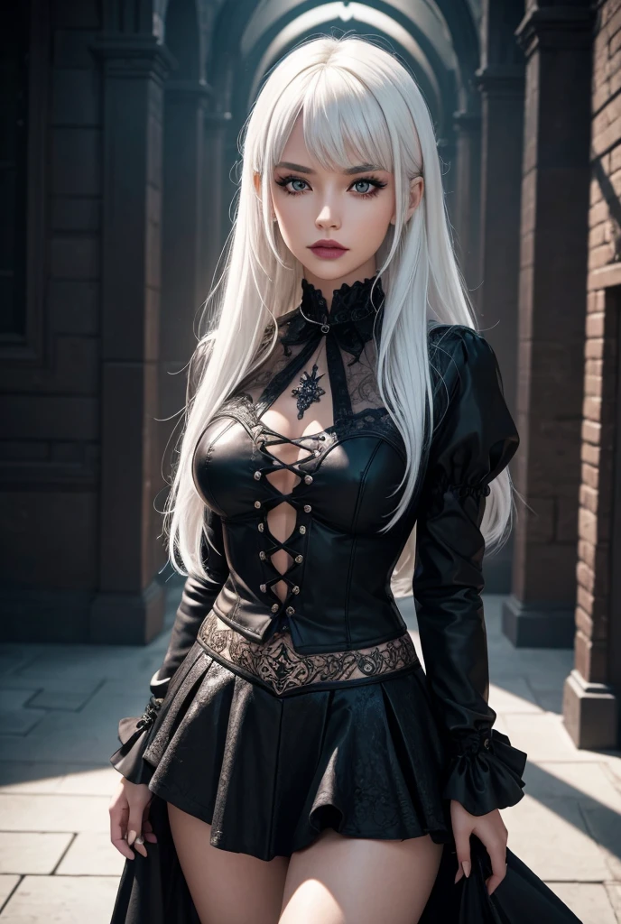 (best quality), 1girl, female, pale skin, white hair, long hair, swept bangs, straight hair, blue eyes, perfect eyes, , slender, flat chest, shy, (gothic clothes), masterpiece, anatomically correct, highres