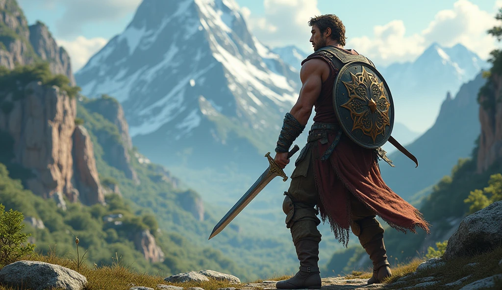 a wounded bloodied tall scarred muscular barbarian stands on top of a mountain of fallen enemies raising his sword yelling in triumph and victory, epic, dark, fantasy, dnd, d&d, blood, death, battle, corpses