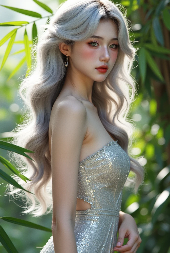 High quality work，Realism作品，Super-high quality graphics ，8K HD CG works，High-quality graphics， high-definition and exquisite CG works ，10x Pixel，Ultra-fine details：1.1，Advanced Technical Details：1. 1 realistic photo effects ，室内Lighting Effects：1.5， Naturally soft light ：1.5. Lighting Effects（虚拟Lighting Effects：1.8）， ultra high resolution， in a sparkling dress ，Silver long hair， silver hair，Transparent hair，High Detail Hair（High-quality hair details：1.1） clear eyes ，Are double eyelids beautiful?，Sharp eye makeup,  to create exquisite eyelash makeup , Sparse eyebrows,   ultra-detailed eyes ，High nose, lovely Red lips, rosy cheeks,  with delicate makeup on the face  ,  pretty faces on the stadium, Perfect facial proportions,（Advanced facial details：1.1）Female1people々,（Overall body shape:1.2）, （Nine-head body:2.0）, (Thin thighs), （ has thin and long legs : 2.0）,（ knee extension ：2.0）,（ height 2 /3 are feet :2.0）, (Pump:1.2), Transparent and fair skin, 25 years old,  cute and sexy little face , Red lips,  Split Lips , (  partial distribution type :1.5), Blue Eyes, Sexy face, Sexy young woman,  long shiny golden hair , eyebrows are the same color as hair , choker,（ tight silver silk dress  :1.3), Natural Curls, Almond eyes,  a beautiful smile , My face is red, Medium bust size,  slim body , Tight waist, Small butt, （people々） between the skirts today The visible part of the thigh, Beautiful hands, Thin shoulders,  Look at the audience,  dress fluttering in the wind , Standing position , Tropical Islands々, Bamboo forest morning，Female Artworks，Full body video，Realism，Amazing cleavage， My eyes are very bright 
