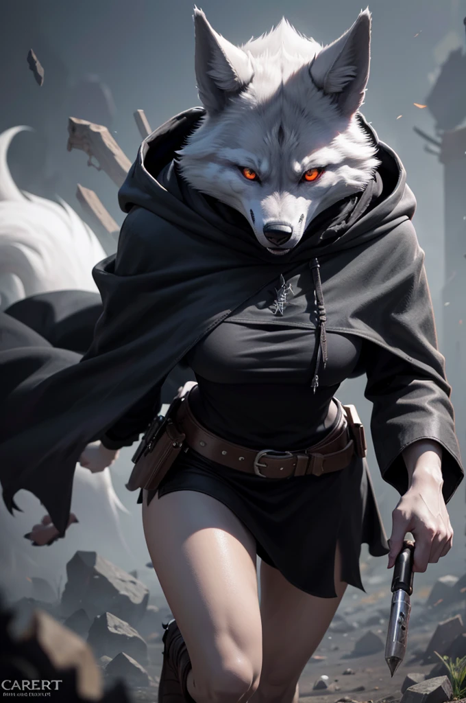 1 chareter,Solo,Death_puss-in-boots,Black cloak, black hooded robe, white fur, fierce wolf appearance, red eyes, glowing pupils staring straight into your soul, bipedal white wolf appearance, blood-stained snout Perfect image, fan-art, digital art, (perfect rendering: 1.4), full HD 8k, hard voluminous details, ultimate details 