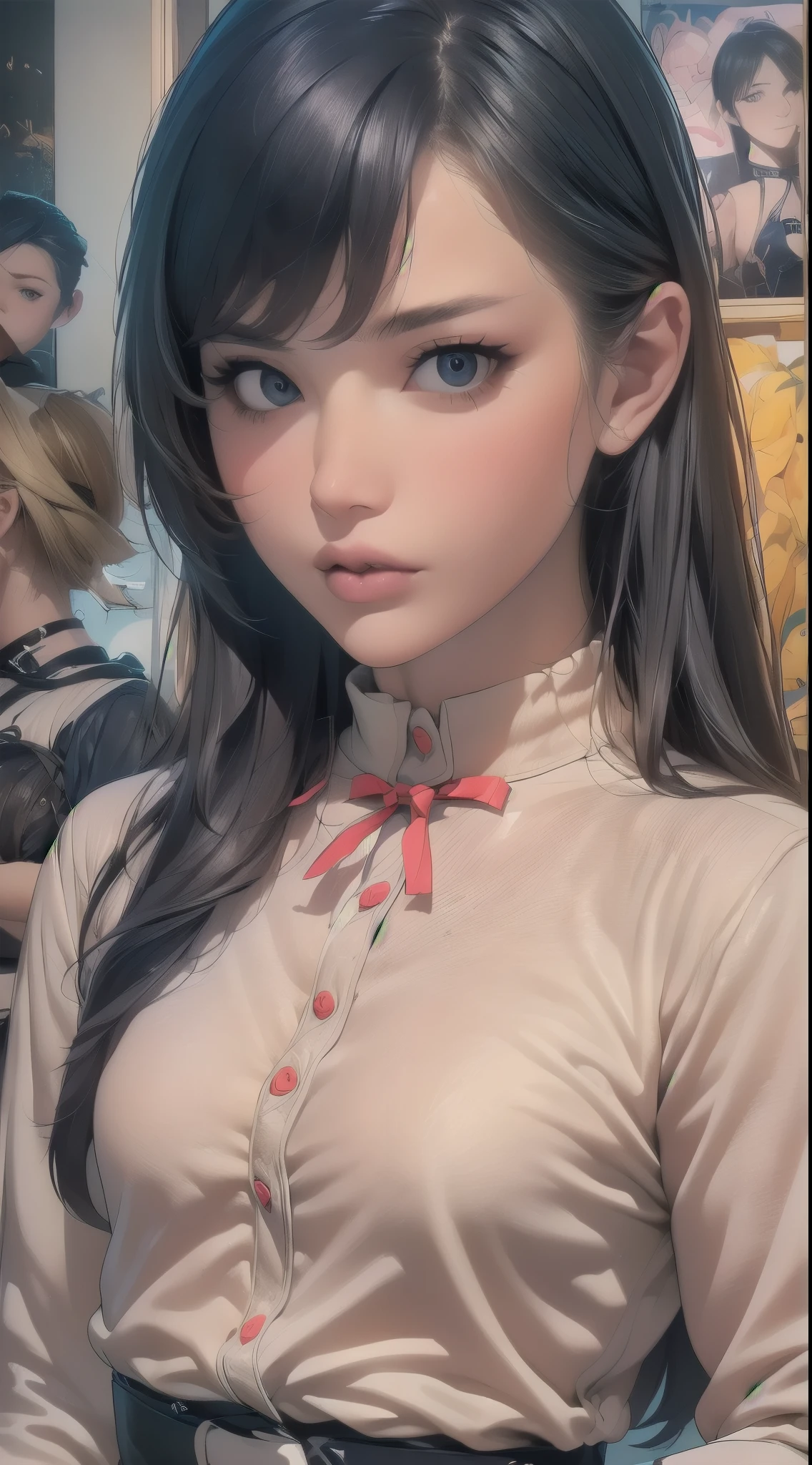 (hyperrealistic), (illustration), ( high resolution), (8K), (extremely detailed), (best illustration), Your ( chainsaw man ), ( beautiful detailed eyes ), ( The best quality ), ( Ultra detailed), ( masterpiece ), (wallpaper), (detailed face), Alone,  upper body, focus on the face, 1 girl,  long black hair , european, Fine eyeshadow, well detailed eyes,  brown eyes, Small spots under the eyes, long sleeve shirt, neck bow,  small breasts, pinafore dress, dynamic pose, low lighting, Evening, Dark, clouds, Dark Evening