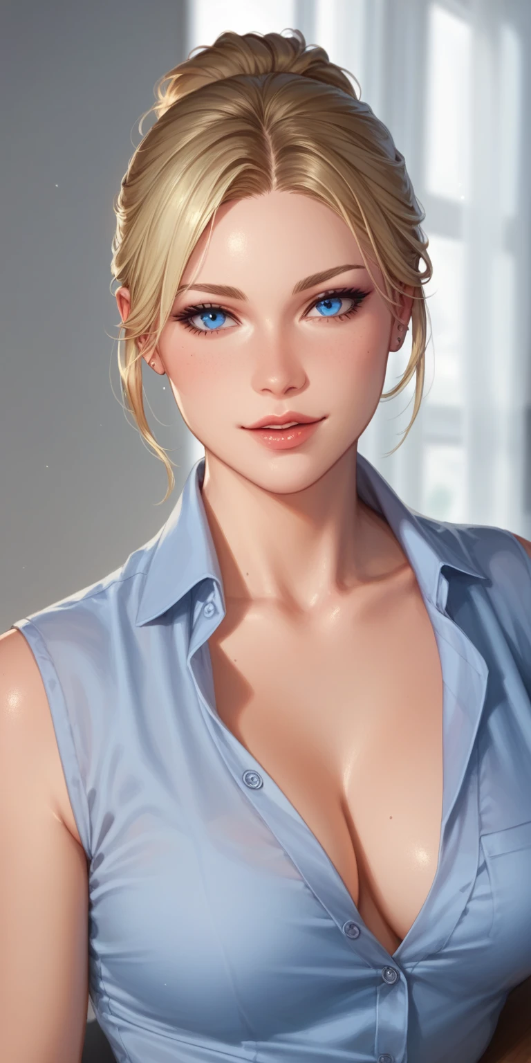 elegant mature woman, blonde, updo hair, blue eyes, soft light, 4k resolution, high detailed, high quality, beautiful cg
