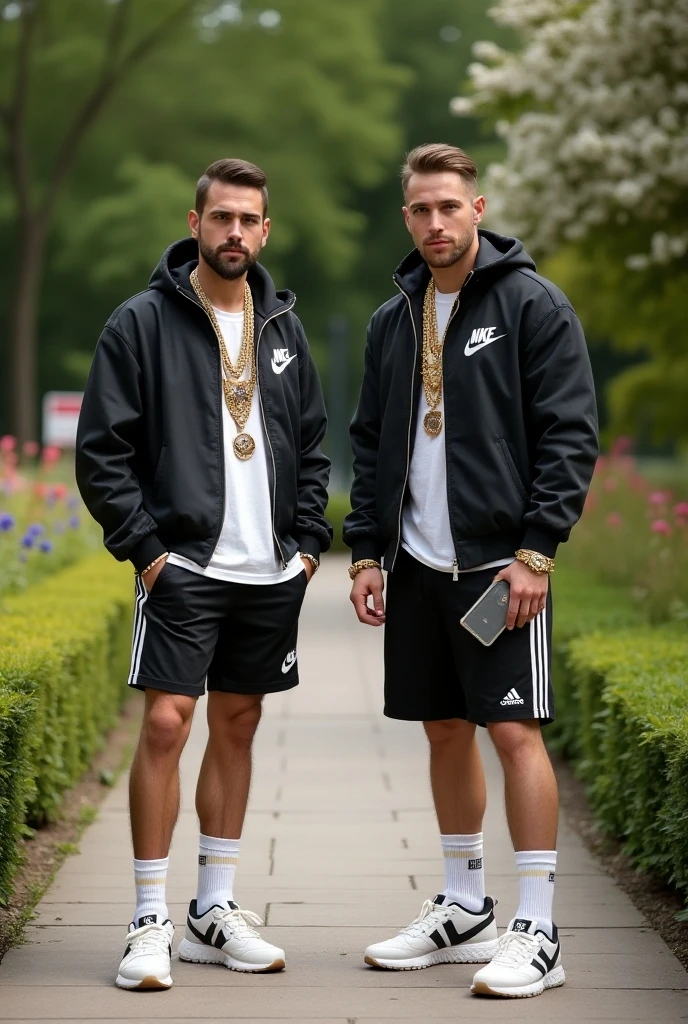 realistic photo, full length view, two different  gay handsome macho arrogant white scallyguys wearing dozens of golden rings, necklaces, bracelets, long socks,  Nike hype-fashioned sneakers, adidas jackets and shorts, hi-tech futuristic smartphones, public garden