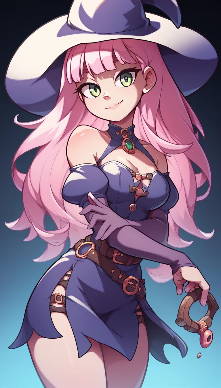 best quality, master piece, Tall, alone, {Circe_FGO:1.15}, pointy_Ears, Pink_hair, Head_Wings, Wings, fringe, femhered_Wings, Long_hair, jewel, smile, breasts, necklace, blush, small_breasts, multicolored_eye, 1girl, Looking_at_viewer, wearing witch outfit, witch black hat