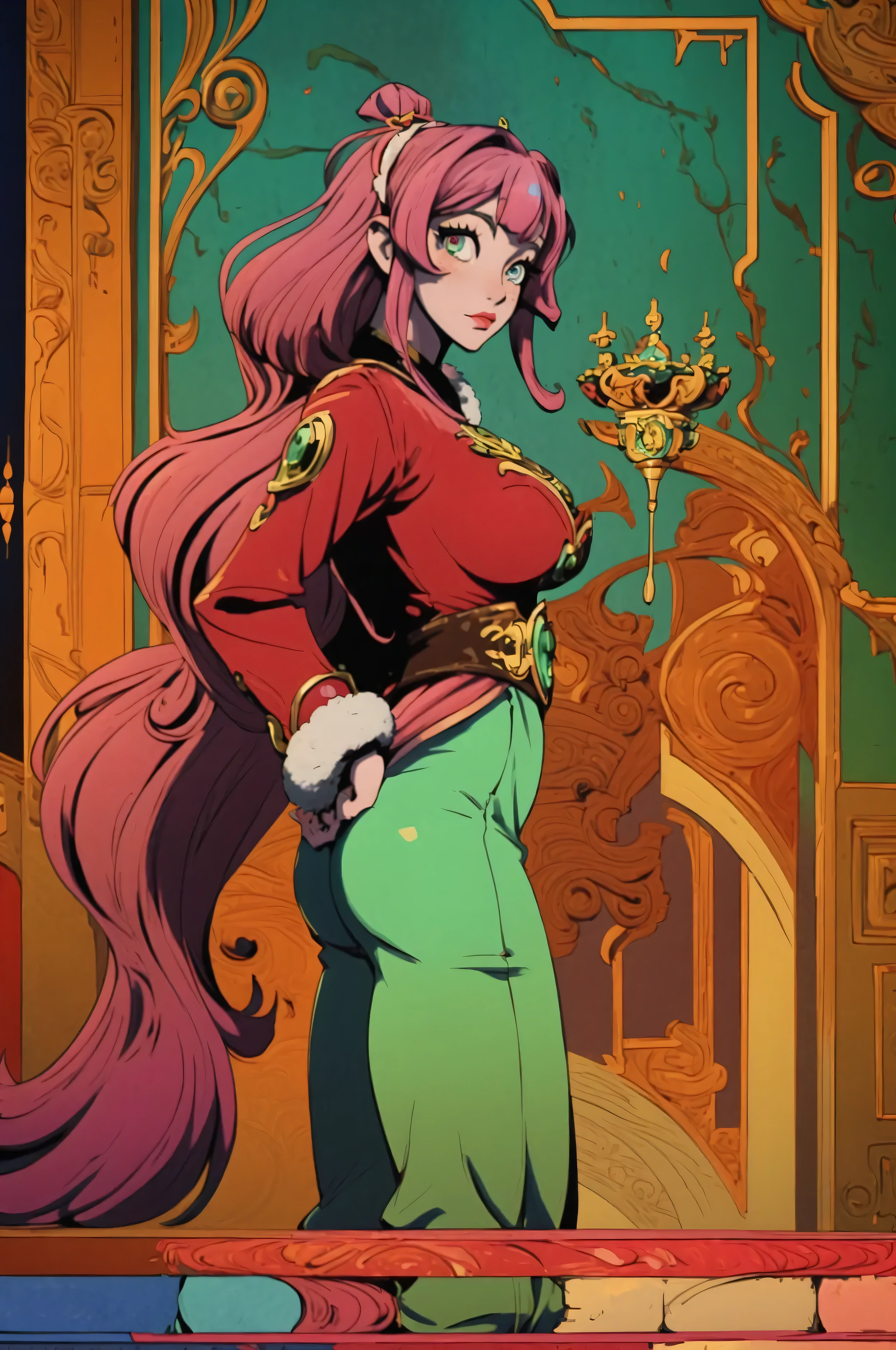 In the magical realm of an anime-style palace, a princess with gigantic breasts and buttocks stands as the main subject. This medium shot angle painting showcases the rabbit girl in exquisite detail, her fluffy tail swishing against a detailed background of opulent splendor. The vibrant colors and intricate linework bring this enchanting character to life, exuding a sense of whimsical charm and fantasy. The image captivates the viewer with its impeccable execution and imaginative design, making it a truly mesmerizing work of art.