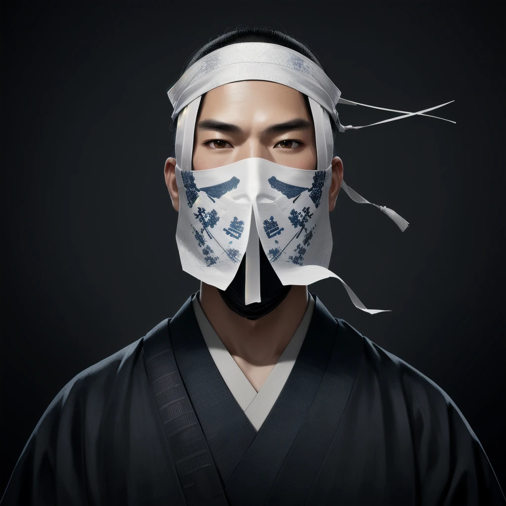  Aerial image of a man with a sheet of paper over his face,  by Fei Danxiu , Samurai Portrait photo, inspired by Kanō Naizen,    , Samurai Portrait, Samurai Portrait, Frontal portrait of a samurai, inspired by Kanō Tanshin, by Li Zai,  A black ninja inspired by an ancient Japanese monk 