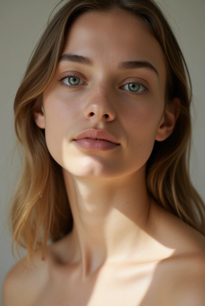 realistic photo of a young blonde woman with her finger resting on her nose