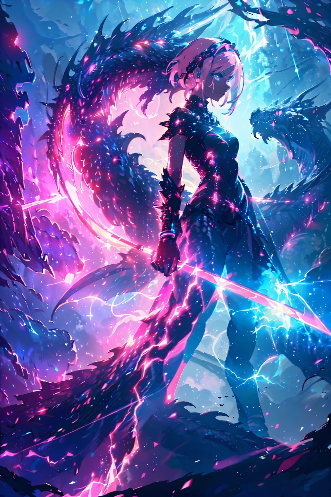 ((Best Quality)), ((masterpiece)), ((detailed)), ((High Definition)), 
1girl,solo,cool,(((pink short hair,blue eyes))),
The black silhouette of an anime-style magic swordsgirl,With a sparkle,With a magical aura,with celestial details,
cyber,cyber punk,neon,lightning sword,thunder effect,dark neon dragon her background,black dragon,