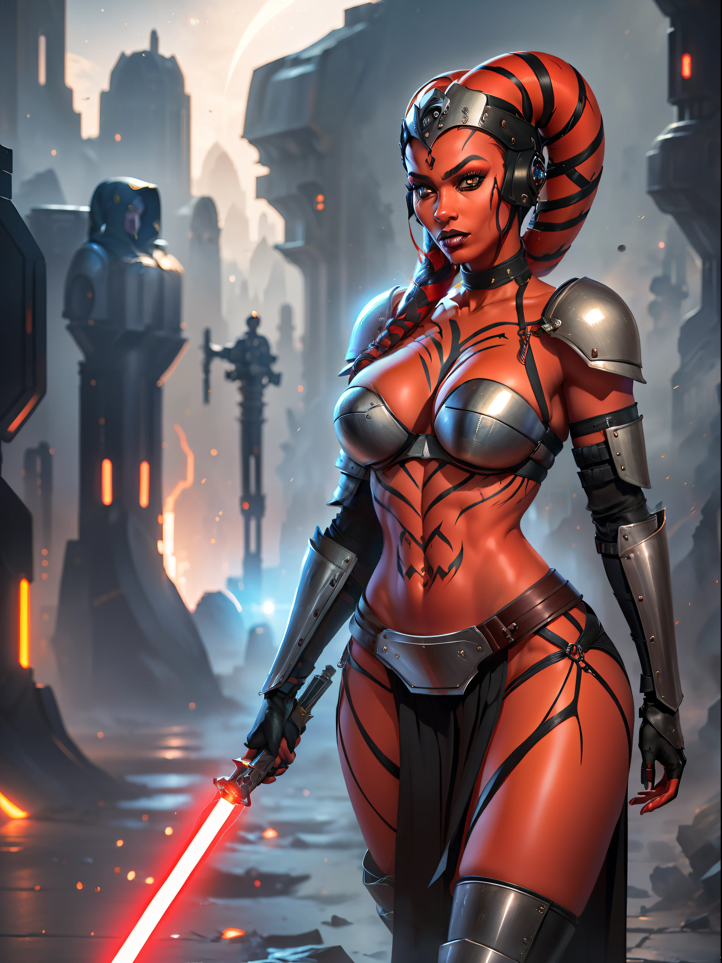 1girl, huge tits Twi'lek, busty, masterpiece, best quality, highly detailed, award winning, high definition, ((red skin), twi'lek), evil space knight, space ninja, ((topless))), panties), ((busty), slender body, thin, slim sexy body, slim waist, (((huge boobs, huge breasts)))), Imperial starship, Star Wars, futuristic bedroom