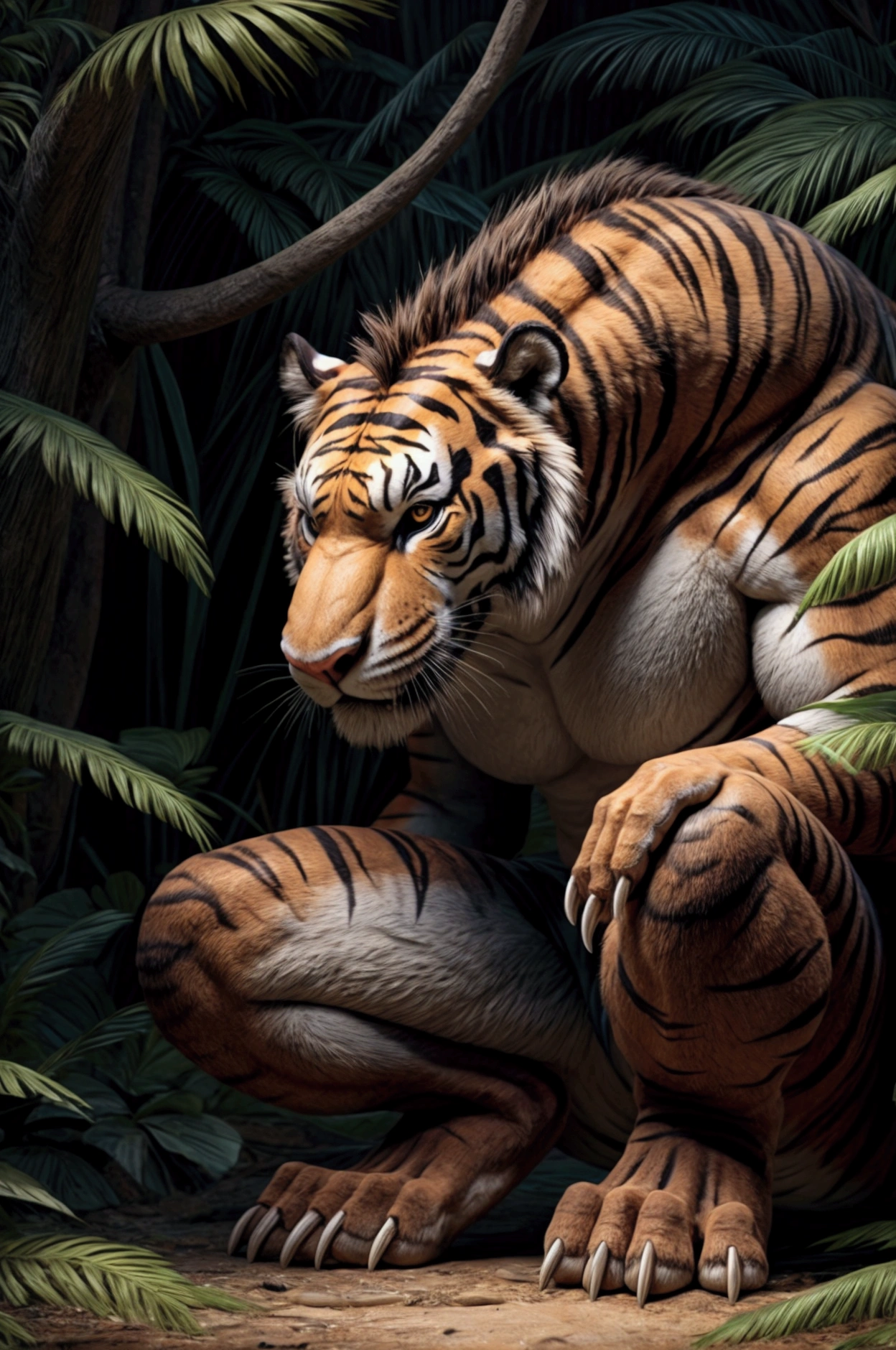 A prehistoric jungle scene with a Tyrannosaurus Rex and a tiger facing off.
The T-Rex, a huge carnivore with powerful jaws and sharp teeth, is tall and menacing. 
The tiger, a modern predator, crouches on the ground, with its eyes focused on its opponent. 
Lush vegetation surrounds them, creating a dense and vibrant environment.