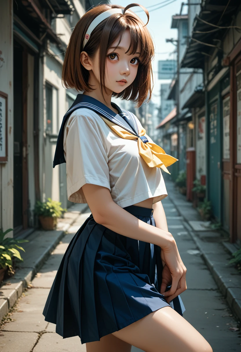 (masterpiece,  best quality:1.1),  1 woman solo , Sakura,  Brown Eyes , Brown Hair, short hair, bangs, Ahoge, Headband, Sailor Warrior Uniform , ,  yellow neckerchief,  blue skirt  , , Thighs, , Red footwear