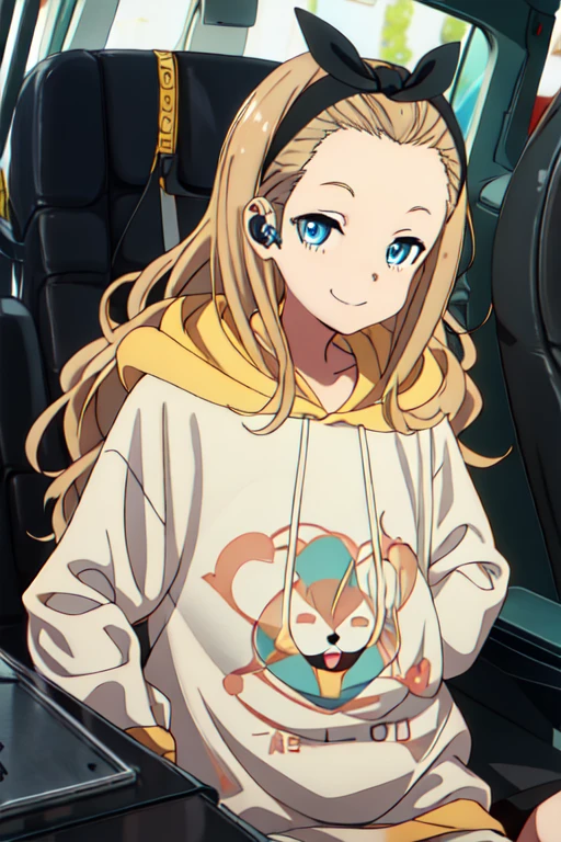 blonde_hair, long_hair,  forehead, closed_mouth, blue_eyes,
BREAK hairband, black_hairband, black_ribbon, ribbon, hair_ribbon, white_hoodie, hoodie,
BREAK standing, 
BREAK smile,
BREAK (cowboy shot:1.1), from front,
BREAK outdoor, garden,
BREAK (best quality, masterpiece, detailed:1.1), HD, anime colored, (beautiful detailed eyes:1.4), extremely detailed face, perfect lighting, extremely detailed CG, (perfect hands, perfect anatomy),