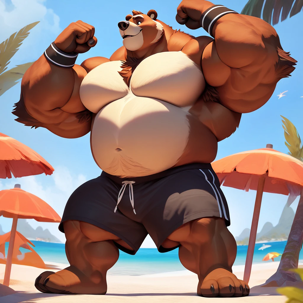 huge muscular kodiak bear in Tropical island beach, big grr, kodiak bear, huge brown fur, thick arm, huge arm, huge white fur, thick arm, huge arm, added brown mustache, added brown beard, short hair, height: 220cm, weight: 350lbs, (veiny bulked up muscular, pectoral, wide pectoral, thick bulky arms), Walt Disney 2D Zootopia Animation Art Style, detailed gray eyebrows, detailed eyes with red pupils, (wearing black shorts, wristbands, shirtless, topless and feet), bouncing his pecs, flexing his biceps and his thorax