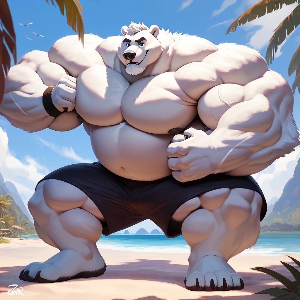 huge muscular polar bear in Tropical island beach, big grr, polar bear, huge white fur, thick arm, huge arm, huge white fur, thick arm, huge arm, added gray mustache, added gray beard, short white hair, height: 220cm, weight: 350lbs, (veiny bulked up muscular, pectoral, wide pectoral, thick bulky arms), Walt Disney 2D Zootopia Animation Art Style, detailed gray eyebrows, detailed eyes with blue pupils, (wearing black shorts, wristbands, shirtless, topless and feet), bouncing his pecs, flexing his biceps and his thorax