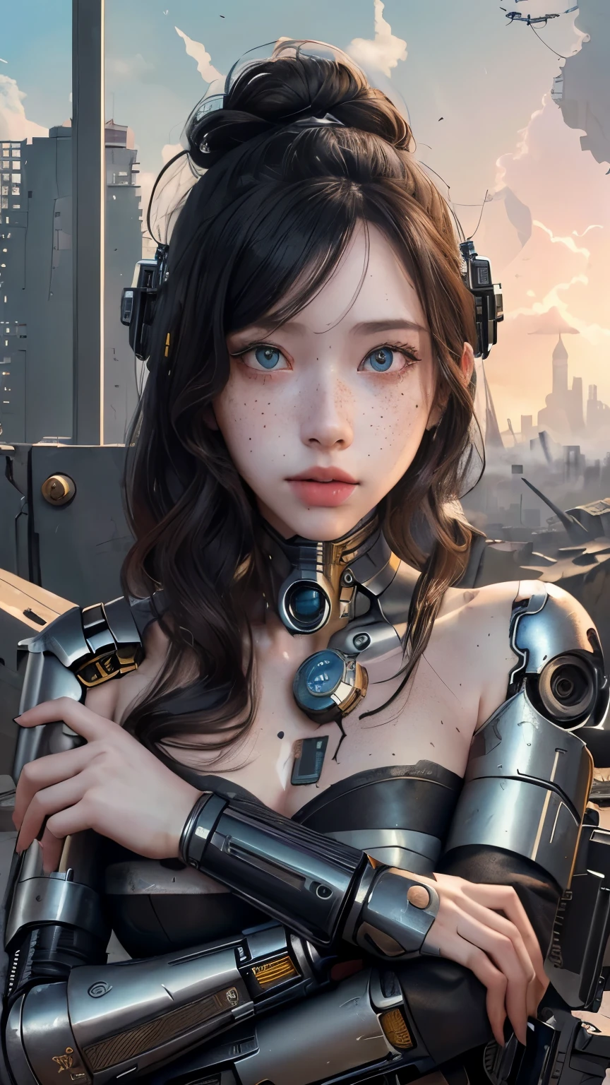 woman, (masterpiece, Beautiful and sophisticated:1.3), (From afar),  extremely detailed, (((8k))),colorful, Highest detail ((Super detailed)), 損傷したwomanサイボーグ (From afar) Surrounded by parts of a , Super detailed face with freckles,  damaged female cyborg , Nose Piercing, Severed leg, Destroyed, ( medium shot ),  very detailed faces , Super detailed,  destroyed city ,  with bicolor eyes  , shot looking , super detailed face with freckles , ( High Resolution :1.4), Destroyed city ((Far away, background)),  cyborg with bicolor eyes, (Surreal:1.2), photograph, ((distance)), (masterpiece), ( best quality),  broken part of the body ,  Canon 5D Mark IV , 焦点distance30mm,  face Android ,Surreal,