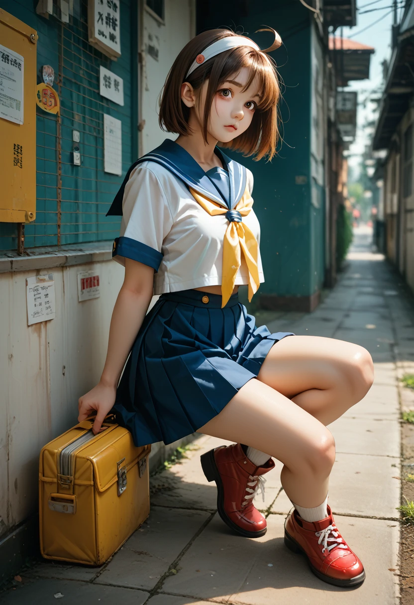 (masterpiece,  best quality:1.1),  1 woman solo , Sakura,  Brown Eyes , Brown Hair, short hair, bangs, Ahoge, Headband, Sailor Warrior Uniform , ,  yellow neckerchief,  blue skirt  , , Thighs, , Red footwear