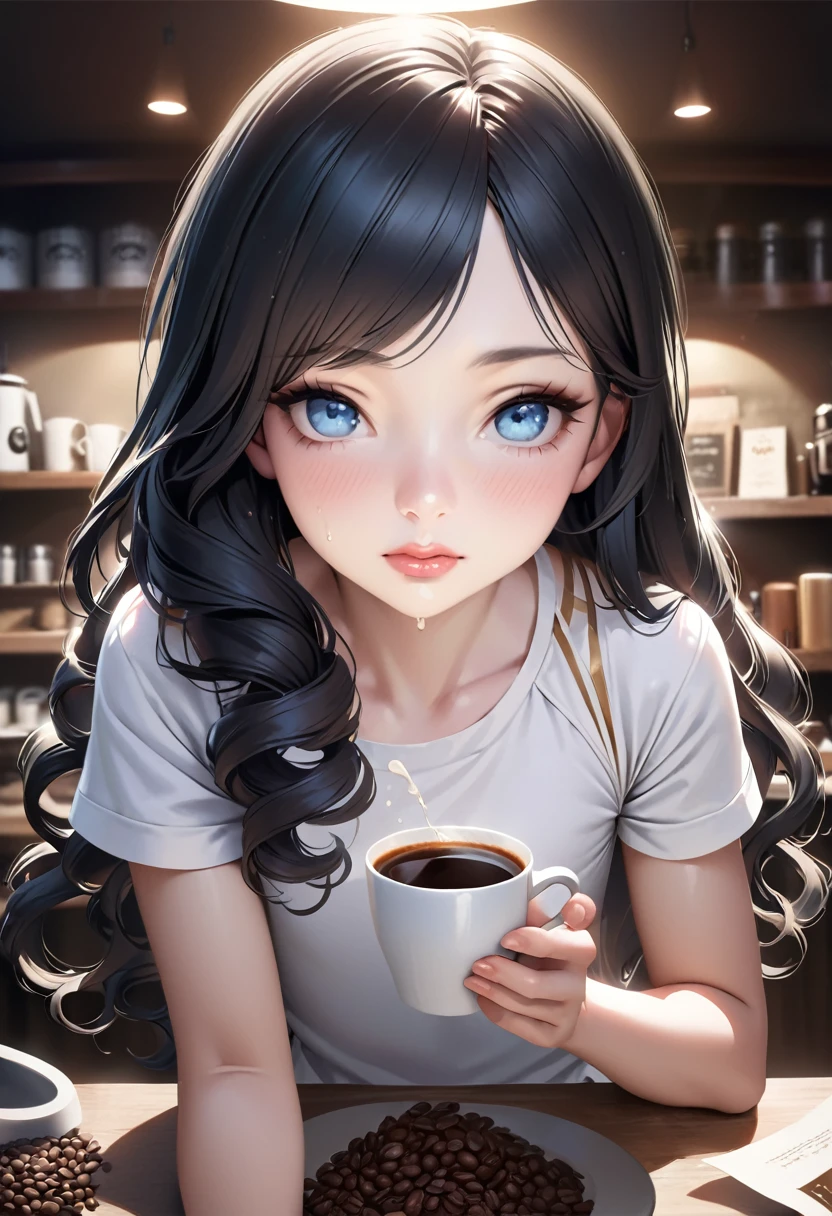 Beautiful consideration,Beautiful lip detail,Very detailed目と顔,Long eyelashes,Realistic,photoRealistic:1.37,Very detailed,Professional,Vibrant colors,Studio Lighting,Sharp focus,Physically Based Rendering,High resolution,超High resolution、One girl、10 years old、blue eyes, Long Hair，Curly Hair、Black Hair，Lower eyelids，White dress，Professionalフィール，The background is inside a coffee shop.、Coffee is lined up on the cupboard in the background、Place the cake near the audience、Holding a steaming cup of coffee in one hand、Put a retro camera on the edge of your desk