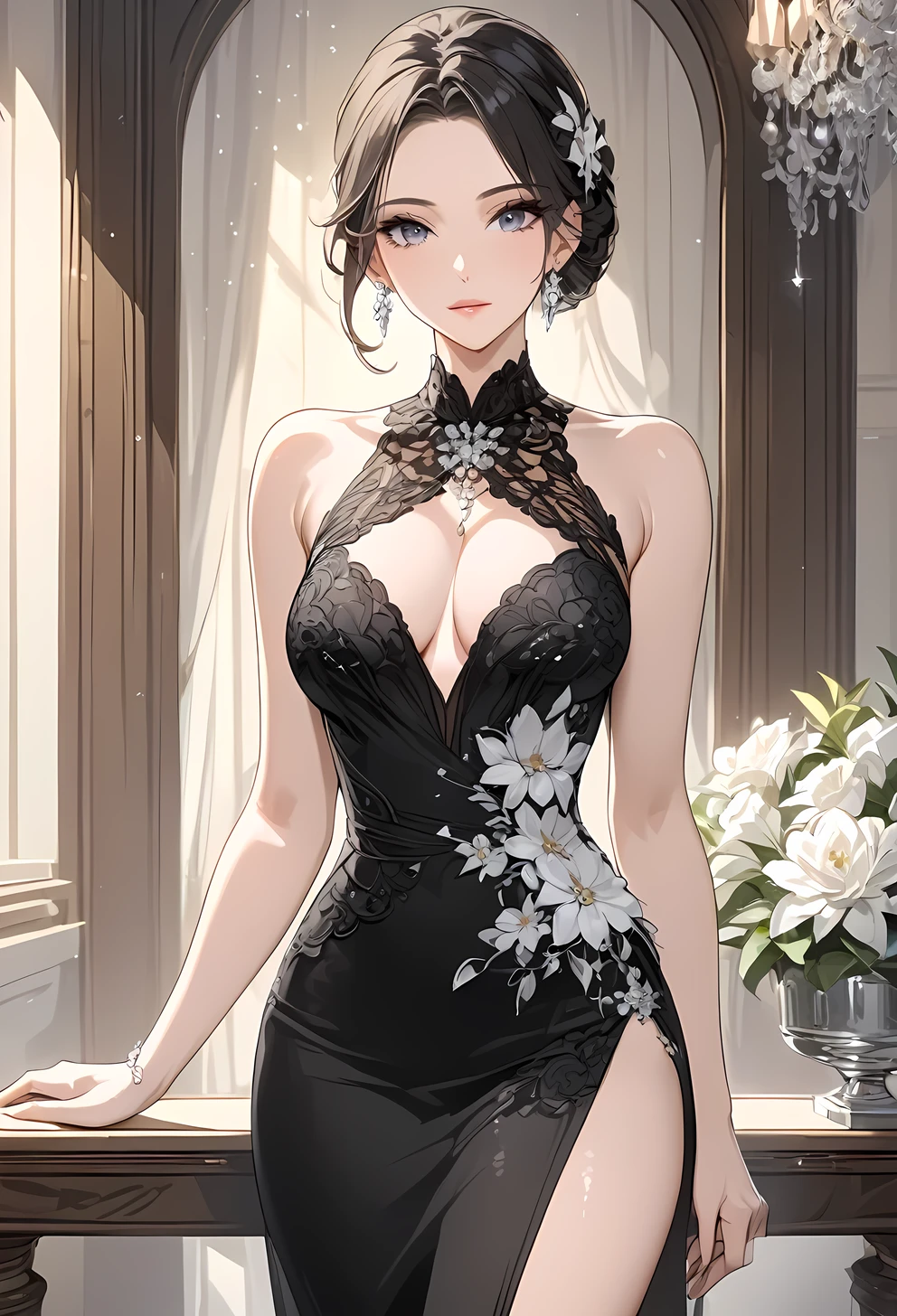 ((best quality)), ((masterpiece)), (detailed), perfect face, detailed eyes, (best quality), (detailed skin:1.3), (intricate details), One-piece dress, American sleeve, flower, rhinestone, tight-line, mid-calf dress, off-white, white, ladies, adult, elegant, beautiful