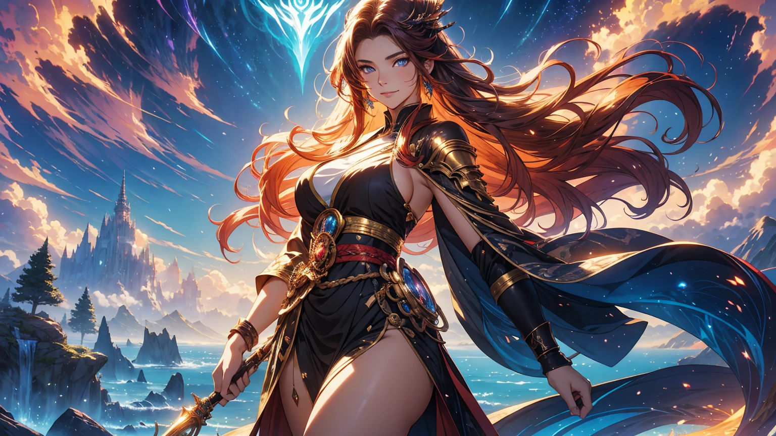 In Genshin Impact and anime style, the setting is a vast, untamed wilderness blending fantasy and realism. The landscape features an expansive horizon under an ethereal, shimmering sky with otherworldly colors. In the foreground, a warrior woman, depicted from the waist up, stands with confidence and grace. She has striking beauty, reminiscent of Adriana Lima, with flowing golden curls and harmonious features. Her intense gaze, filled with empowerment and determination, coupled with a seductive smile, radiates strength and allure. Her commanding posture showcases a toned physique. The lighting is dramatic, combining vibrant colors with soft natural light, creating a magical, dreamlike atmosphere. Ultra-detailed and hyper-realistic, the image showcases vivid colors and studio-quality lighting that highlights every feature, from her hair's texture to her perfect eyes. The scene evokes deep emotional drama, capturing the vastness of nature and the individual’s solitude with a surreal quality. The atmosphere blends fantasy’s magic with real, tangible emotions. The final image is a high-quality wallpaper, merging magical realism with anime-inspired design, evoking a world where nature and beauty exist in perfect harmony between fantasy and reality.