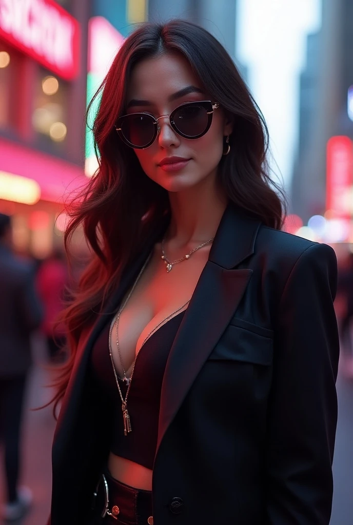 An African-American woman with long black hair in a business look stands on Times Square. She wears glasses and a pearl necklace, a black blazer, a red bra, inside black, knee-length skirt and high heel shoes