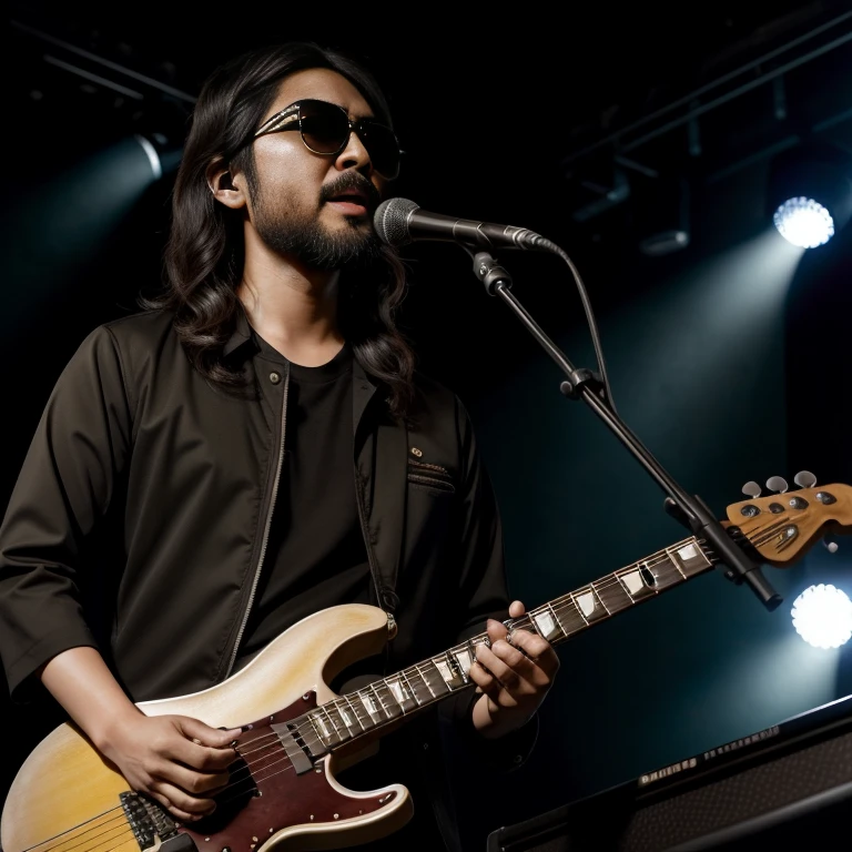 Photorealistic, Japanese,rock band, four-piece, sunglasses, beard, medium-long hair guitarist, drummer, bassist, electronic organist, stage, spotlight,