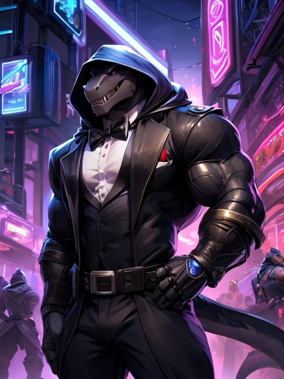 Solo, Anthro, Scalie, anthro reptile, black scales on body, black scales, white torso, t-rex sculpt face, fancy outfit, black tuxedo (Masterpiece, 8k, by null-ghost, hi-res), muscular, hooded, shade that hides the eyes, mechanical metal forearm, pointy teeth, toothy grin tall, black camo pants, utility belt, bags on belt, lifting an arm, Cyberpunk, merchant stand, cyberpunk scientist, other arm on waist, crates, ((Right mechanical forearm, energy glowing forearm)) , big biceps, hoods on head, (shadow over the eyes), can't see eyes, night themed neon light casino, night time, glowing machine slots, passers by, War boots, ((right arm on waist)) , wide body, muscular body, cyber casino, Well clothed, tuxedo, (tuxedo with ripped sleeves) (Casino)