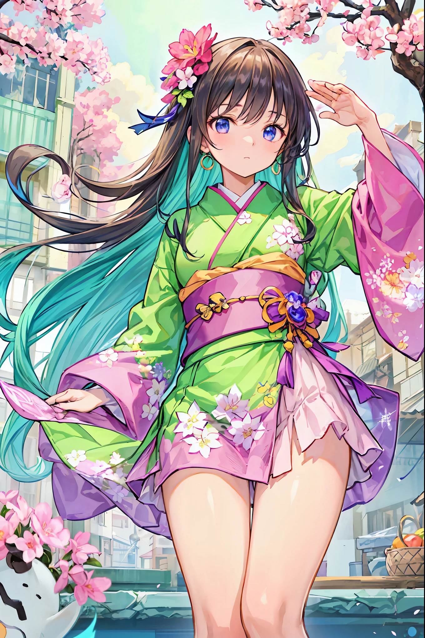 masterpiece, Best Quality, Highly Detailed CG Unity 8k Wallpaper , anime screenshot, Female anime character art wearing neon colored floral kimono. She is wearing a purple glowing neon floral kimono. This scene with long flowing hair has a nice Soft Focus effect, Highlight the magical glow of your tattoo. Take a prayer pose. Cherry blossoms shining pink neon lights are blooming in the background . Bokeh Photo, ( Soft Focus ): 1.2, unfocused highlights, Dreamy Atmosphere , Shining circle, Fascinating Depth, depth of field