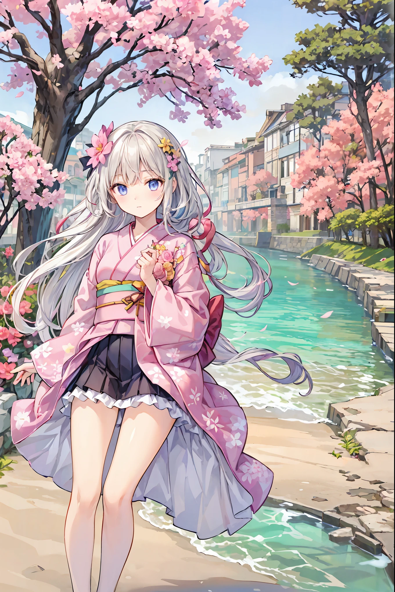 masterpiece, Best Quality, Highly Detailed CG Unity 8k Wallpaper , anime screenshot, Female anime character art wearing neon colored floral kimono. She is wearing a purple glowing neon floral kimono. This scene with long flowing hair has a nice Soft Focus effect, Highlight the magical glow of your tattoo. Take a prayer pose. Cherry blossoms shining pink neon lights are blooming in the background . Bokeh Photo, ( Soft Focus ): 1.2, unfocused highlights, Dreamy Atmosphere , Shining circle, Fascinating Depth, depth of field