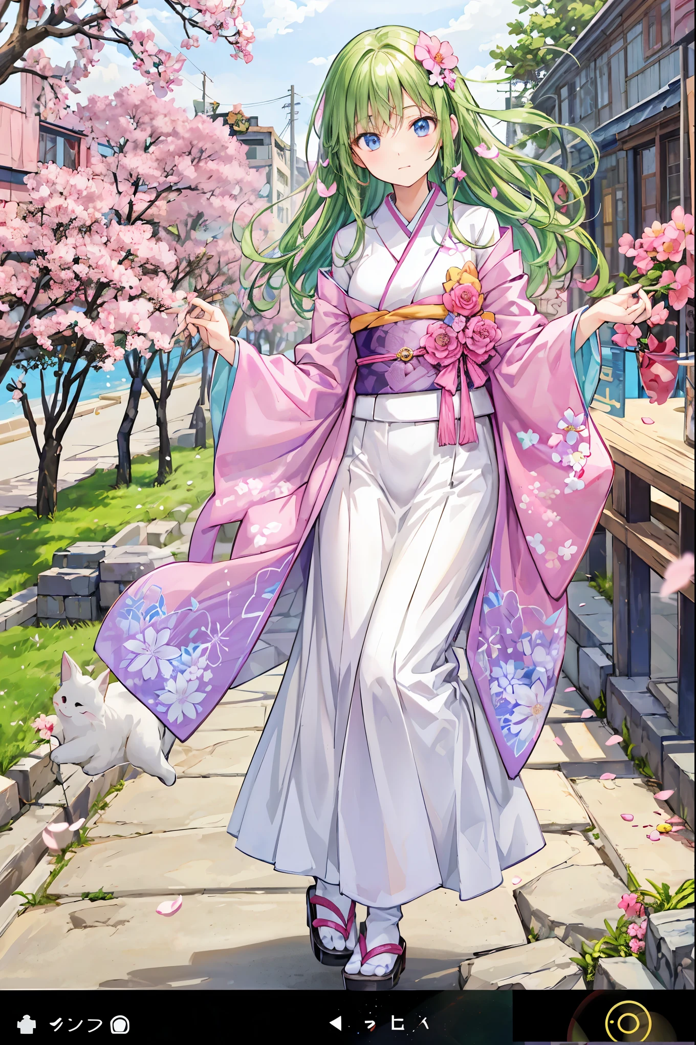 masterpiece, Best Quality, Highly Detailed CG Unity 8k Wallpaper , anime screenshot, Female anime character art wearing neon colored floral kimono. She is wearing a purple glowing neon floral kimono. This scene with long flowing hair has a nice Soft Focus effect, Highlight the magical glow of your tattoo. Take a prayer pose. Cherry blossoms shining pink neon lights are blooming in the background . Bokeh Photo, ( Soft Focus ): 1.2, unfocused highlights, Dreamy Atmosphere , Shining circle, Fascinating Depth, depth of field