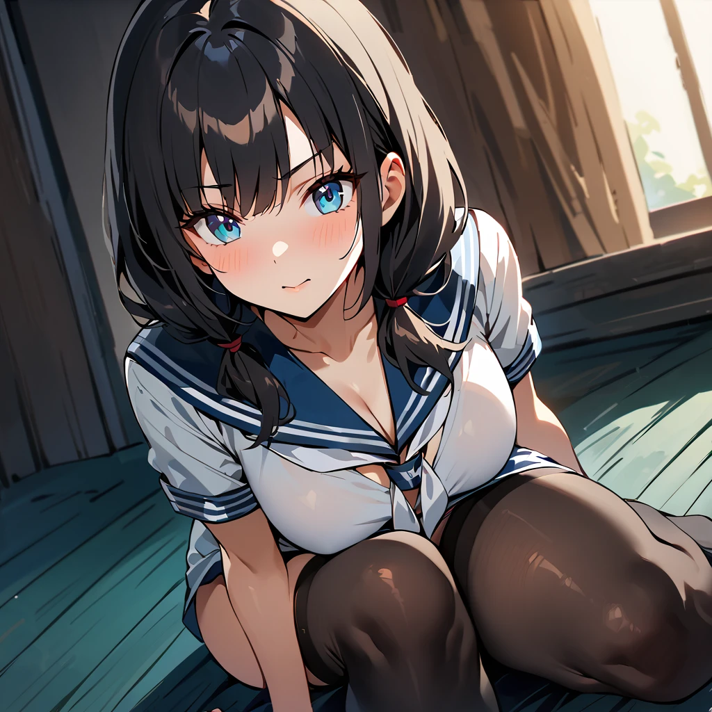 ( highest quality , 4k,  masterpiece  :1.3), beautiful woman, 1 girl, he saw, (chest, attractive body :1.2), COWBOY SHOT, Actually, YEAH.:1.1, dark black hair: 1.1, sailor suit,  super detailed face ,  Lip details , beautiful eyes, Double eyelid, pigtails, calf-length stockings ,  shows off her thong in a sexy way, full body,  sitting on the floor, You can see the white thong
