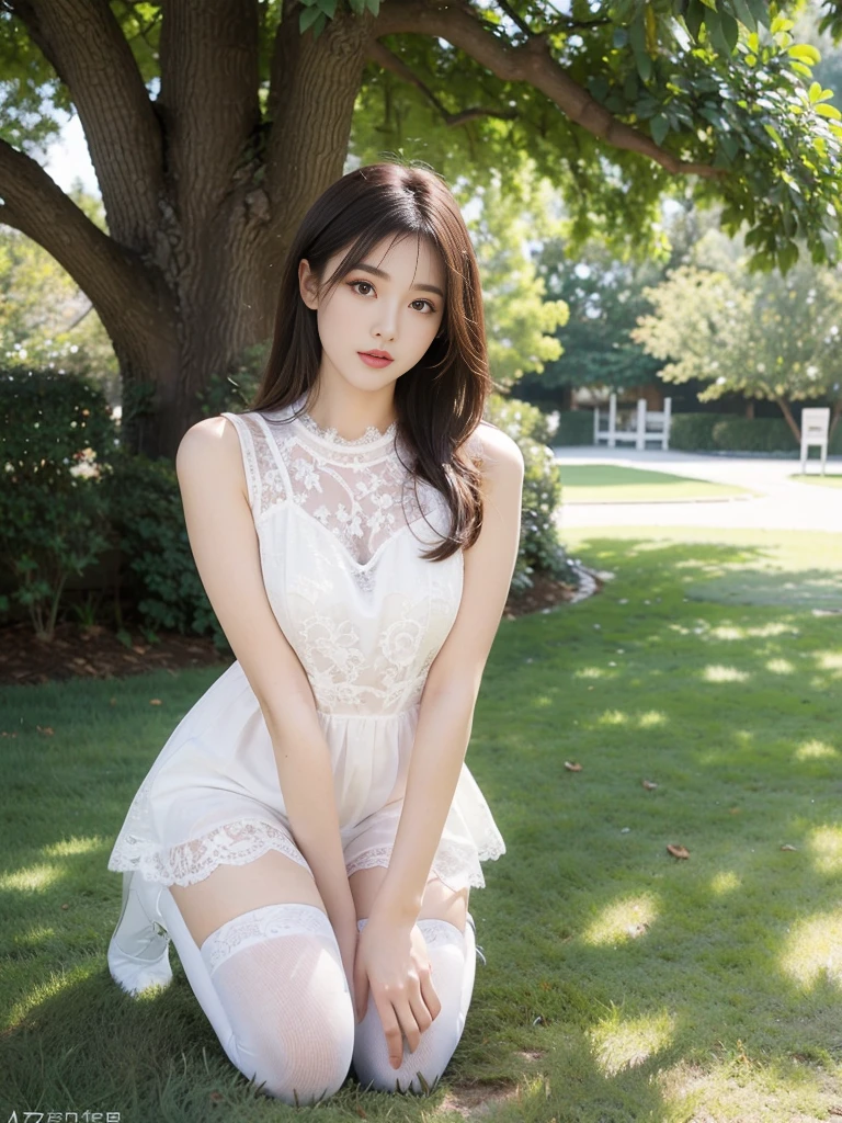 ((Light garden porch background)), (lo-fi), (soft focus), high quality, masterpiece, high definition, high definition, high resolution, 4K, ultra high definition, ultra high definition, ultra realistic shadows, ultra realistic, dramatic lighting, one girl, solo, detailed face, realistic eyes, realistic skin, dynamic hair, dynamic pose, dynamic angle, white flower dress, white background, ulzzang-6500-v1.1, (raw photo: 1.2), (photorealistic: 1.4), beautiful detailed girl, highly detailed eyes and face, beautiful detailed eyes, ridiculous, incredibly ridiculous, huge file size, super detail, high resolution, very detail, highest quality, (bright indoors), (soft light), (low contrast), (shallow depth of field), ( Portrait of a beautiful woman illuminated by gentle light), (very delicate and elegant depiction), (short length bangs), (hair color is dark chestnut with a slight brown tone), (hair with subtle gentle waves), (small braid intricately woven on the sides of long hair), (decorated with thin ribbons), (white blouse with small ruffles), (bow tie), (blue long skirt), ( white short ankle socks with frills), illustration, very detailed, CG, unification, 8k wallpaper, amazing, fine detail, best quality, highly detailed CG unified 8k wallpaper, face light, movie lighting, 1 girl, 16 years old, (without panties)), (dynamic pose))), (camel toe), (half), (bent knees and legs sitting))