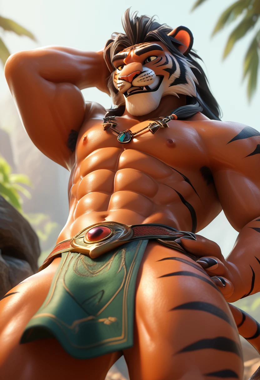 Close up cartoon: Alone, masculine, antromorfo, 3d tiger, 3D model, red body, abs on the body, with long hairstyle, attire: loincloth, pose: stopped,  open legs ,  hand on the hip, proud smile, playa, Palm, rocks, river, low angle shot.