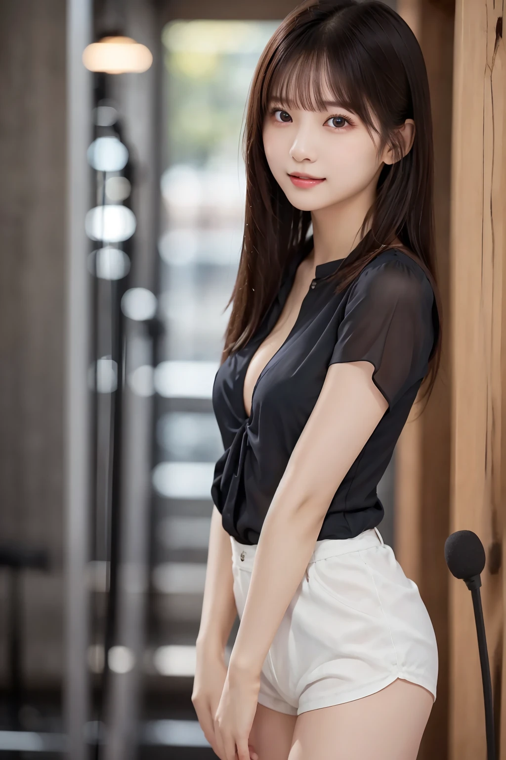 (Thin blouse : 1.5),Super mini shorts、Complex and beautiful eyes、(Slim beautiful legs : 1.5)、(stand up : 2.0)、Feminine black hair、(Delicate and realistic hair、1 bottle１Realistic hair)、bangs、 natural color lips、smile、((白いindoor))、indoor、Wall、((18-year-old female:1.******ung and adorable Japanese face, Official Art，Highly detailed CG Unity 8k wallpaper，（masterpiece:1.0),(Best Quality:1.0), 超 High Resolution ,4K, very detailed, photo shoot, 8k,  NFSDW,  High Resolution ,  Kodak Portrait 400, Film Grain, Lens flare glow,高いest quality,8k, NFSDW:1.2), portrait shot,8k、 viewer, (((Front View))), ((Facing))、Body facing forward、Bold cleavage、Firm breasts、Small face, ((Bare legs))、Highest quality、Super beautiful images、yellow race