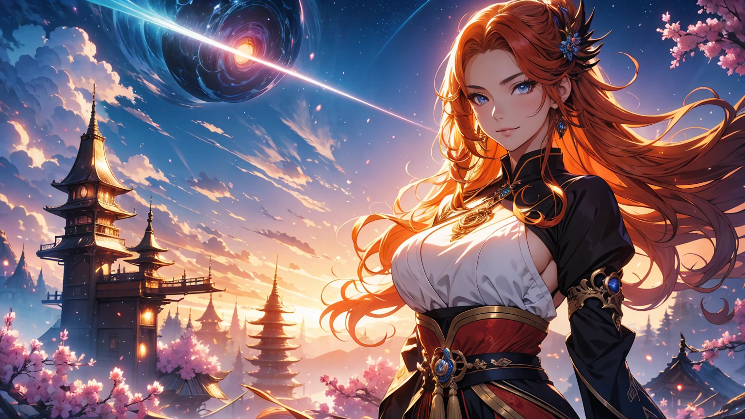 In Genshin Impact and anime style, the setting is a vast, untamed wilderness blending fantasy and realism. The landscape features an expansive horizon under an ethereal, shimmering sky with otherworldly colors. In the foreground, a warrior woman, depicted from the waist up, stands with confidence and grace. She has striking beauty, reminiscent of Adriana Lima, with flowing golden curls and harmonious features. Her intense gaze, filled with empowerment and determination, coupled with a seductive smile, radiates strength and allure. Her commanding posture showcases a toned physique. The lighting is dramatic, combining vibrant colors with soft natural light, creating a magical, dreamlike atmosphere. Ultra-detailed and hyper-realistic, the image showcases vivid colors and studio-quality lighting that highlights every feature, from her hair's texture to her perfect eyes. The scene evokes deep emotional drama, capturing the vastness of nature and the individual’s solitude with a surreal quality. The atmosphere blends fantasy’s magic with real, tangible emotions. The final image is a high-quality wallpaper, merging magical realism with anime-inspired design, evoking a world where nature and beauty exist in perfect harmony between fantasy and reality.