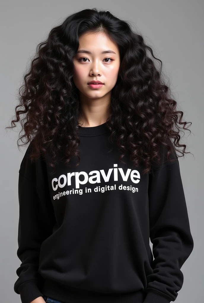 Create the image of a beautiful woman with Asian and Latin features, with spectacular curly hair. The image must be full-body and show her wearing a sweater with the slogan “CORPAVIVE Engineering in Digital Design” printed on the chest.