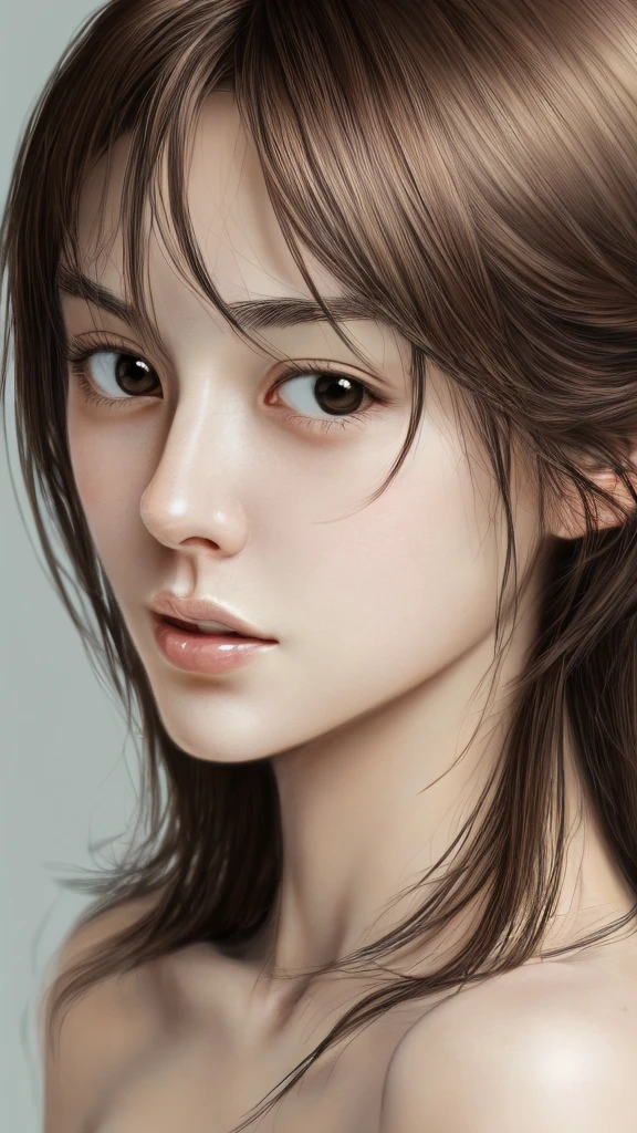 (8k, RAW Photo, Photorealistic: 1.25), (Lip Gloss, Eyelashes, Glossy Face, Glossy Skin, Best Quality, Ultra High Resolution, Depth of Field, Chromatic Aberration, Caustics, Wide Lighting, Natural Shading, Kpop Idol) The viewer looks calm and goddess-like euphoria, brown hair, clothes see-through, shiny lips, liquid on it, bust up, Nurse's clothes, dripping white liquid, tecateca