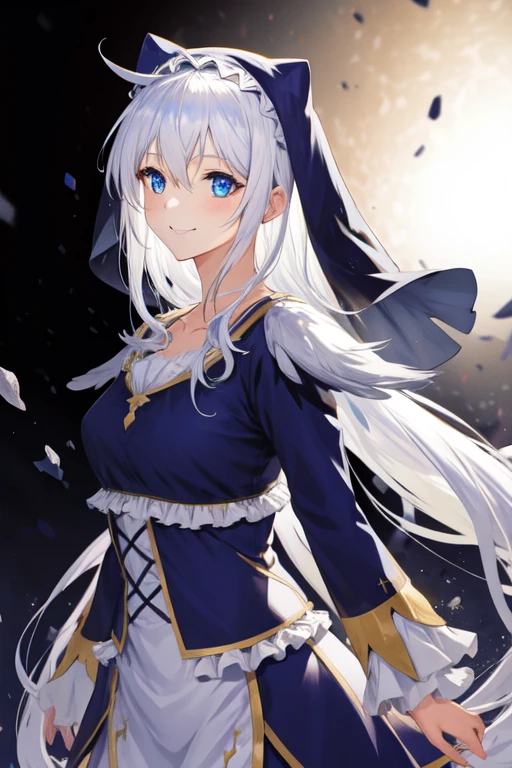 1girl, solo, blue eyes, white hair, hair between eyes, very long hair, Ahoge, collarbone,
BREAK frills, nun, long sleeves, dress,
BREAK standing, 
BREAK smile,
BREAK (cowboy shot:1.1), from front,
BREAK black background,
BREAK (best quality, masterpiece, detailed:1.1), HD, anime colored, (beautiful detailed eyes:1.4), extremely detailed face, perfect lighting, extremely detailed CG, (perfect hands, perfect anatomy),