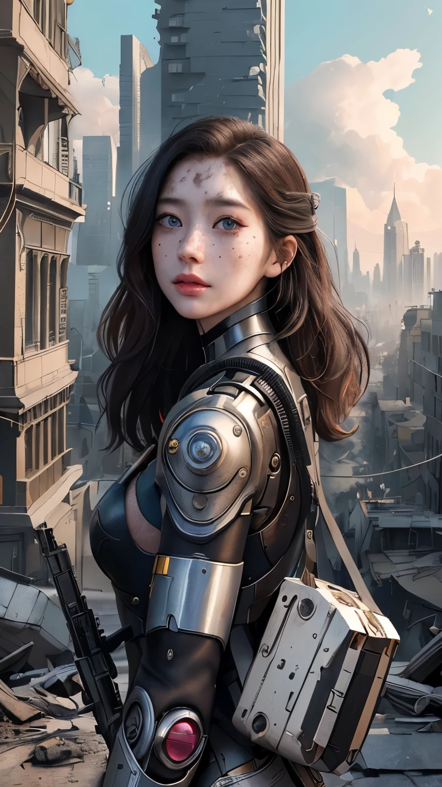 woman, (masterpiece, Beautiful and sophisticated:1.3), (From afar), extremely detailed, (((8k))),colorful, Highest detail ((Super detailed)), 損傷したwomanサイボーグ (From afar) Surrounded by parts of a , Super detailed face with freckles, damaged female cyborg , Nose Piercing, Severed leg, Destroyed, (A shy smile), very detailed faces , Super detailed, destroyed city , with bicolor eyes , shot looking , super detailed face with freckles , ( High Resolution :1.4), Destroyed city ((Far away, background)), cyborg with bicolor eyes, (Surreal:1.2), photograph, ((distance)), (masterpiece), ( best quality), broken part of the body , Canon 5D Mark IV , 焦点distance30mm, face Android ,Surreal,