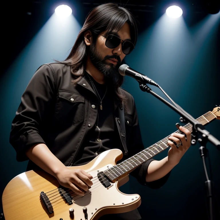 Photorealistic, Japanese,rock band, four-piece, sunglasses, beard, medium-long hair guitarist, drummer, bassist, electronic organist, stage, spotlight,